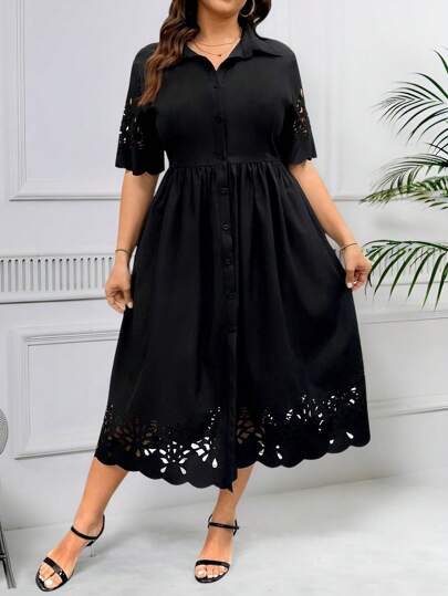 SHEIN Clasi 大码女式镂空领短袖衬衫裙