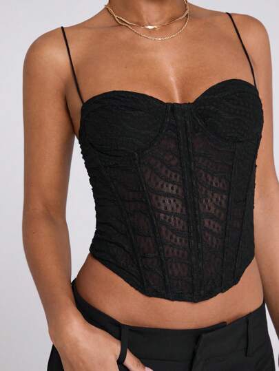 SHEIN BAE 春夏音乐节假期日常出游洋气黑色条纹蕾丝束身衣外出上衣、演唱会服装