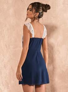 SHEIN BAE 女士春夏优雅仙女花园郊游拼色蕾丝拼接吊带迷你连衣裙，女士夏季服装，女士度假服装，女士婚礼宾客礼服，女士优雅连衣裙，女士音乐会服装，女士毕业礼服，女士早午餐服装 - 黑色 - 查看 2