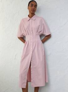 Aveloria Modichic Vintage Red & White Striped Long Dress With Loose Sleeves, Waist Ruched Pleats, Turndown Collar, Dress For Women