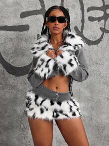 Jeanoix 女士时尚豹纹拼布人造毛皮低腰牛仔迷你裙 - 灰色 - 查看 4