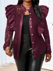 SHEIN Lady Spring And Summer Autumn And Winter Elegant Women's Black Lace Ruffled PU Patchwork Buttoned Coat - Red - View 5