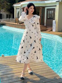 DAZY 女式 V 领荷叶边全印花长袖花卉连衣裙，秋季连衣裙 - 白色 - 查看 4