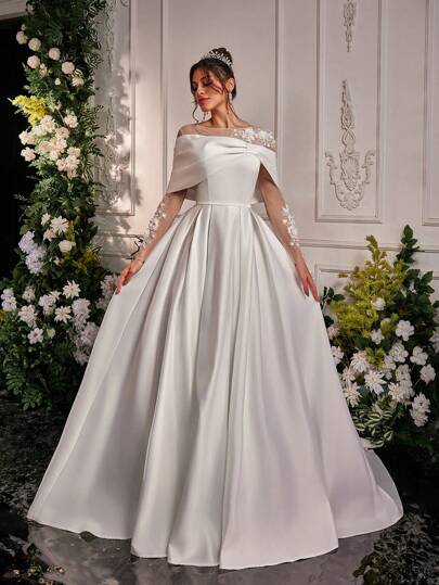 Glamrae Vestido de novia romántico, elegante y de gran tamaño con mangas largas transparentes, espalda hueca, lazos grandes, bordados de perlas, lentejuelas y aplicaciones de cristal, ideal para bodas, luna de miel, vacaciones y San Valentín