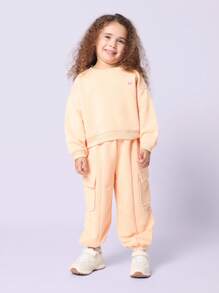 SUMWON Children Kids Two Piece Wear Set Butterfly Logo Embroidered Sweatshirt Cargo Joggers Autumn Winter Casual Outfit Sport Training Wear - Orange - View 2