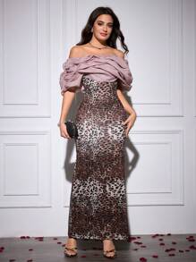 Modelyn Women's Long Off Shoulder Organza Splice Leopard Print Knit Fitted Elegant Luxurious Dress - Multicolor - View 1