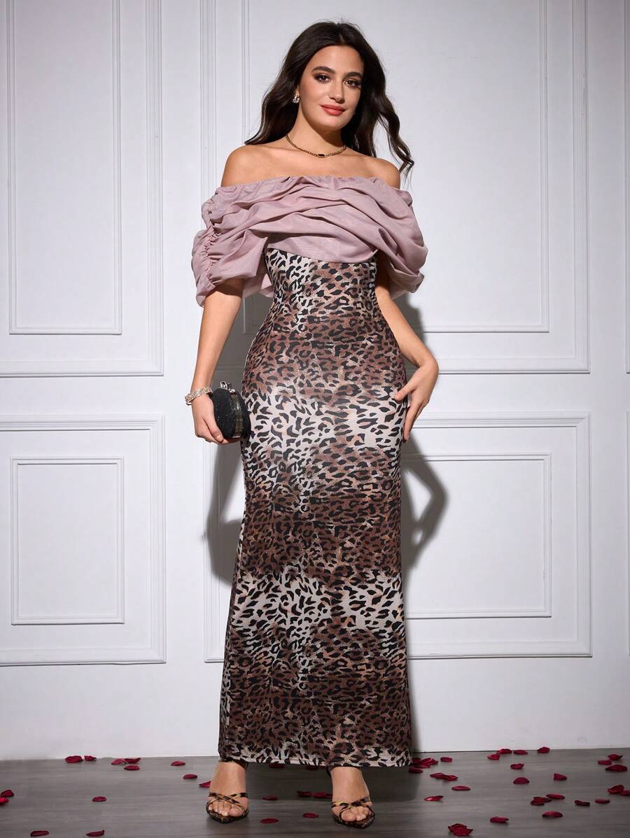 Modelyn Women's Long Off Shoulder Organza Splice Leopard Print Knit Fitted Elegant Luxurious Dress - Multicolor - View 1