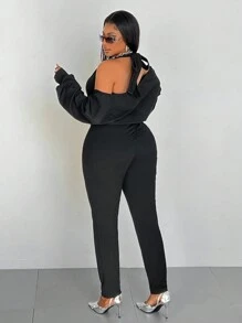 Maweii 2pcs/Set Plus Size Summer Casual Solid Color Halter Tank And Skinny Pants Set - Black - View 2