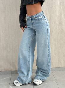 EURMUSE Jeans mit weitem Bein, niedriger Taille, Taschen und Rissen - Helle Waschung - Übersicht 4