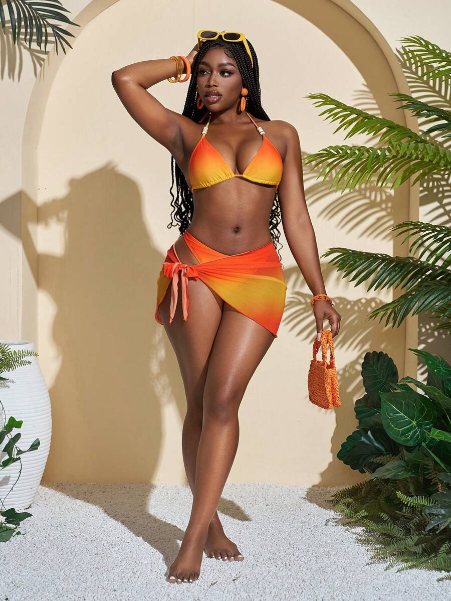 Slaydiva Set de 3 piezas de traje de baño tipo bikini con estampado degradado y falda para mujeres, perfecto para vacaciones en la playa en primavera/verano - Multicolor - Ver 1