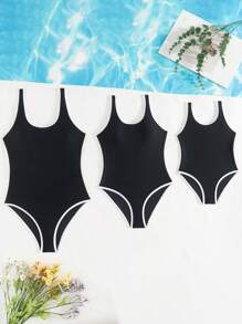 Traje de baño de una pieza con contraste de color negro y blanco, minimalista y lindo para vacaciones en la playa para niñas preadolescentes