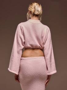 MUSERA Fluffy Knit High Neck Long Flared Sleeve Cropped Jumper Only Spring Summer Cute Valentine Thanksgiving Chic - Baby Pink - View 3