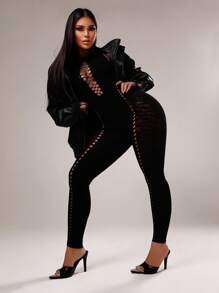 Zolique Women Solid Color Round Neck Sexy Hollow Net Tight Jumpsuit - Black - View 1