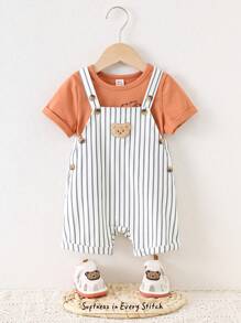 Cozy Pixies Set de 2 piezas para bebé niño: Top de manga corta de cuello redondo suave con estampado de oso de dibujos animados y peto corto tipo tirantes