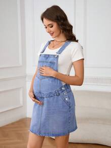 SHEIN Vestido casual de embarazo tipo peto de mezclilla holgado con bolsillos