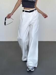 SHEIN EZwear New Spring/Summer Solid White Wide Leg Pants With Belt - White - View 4