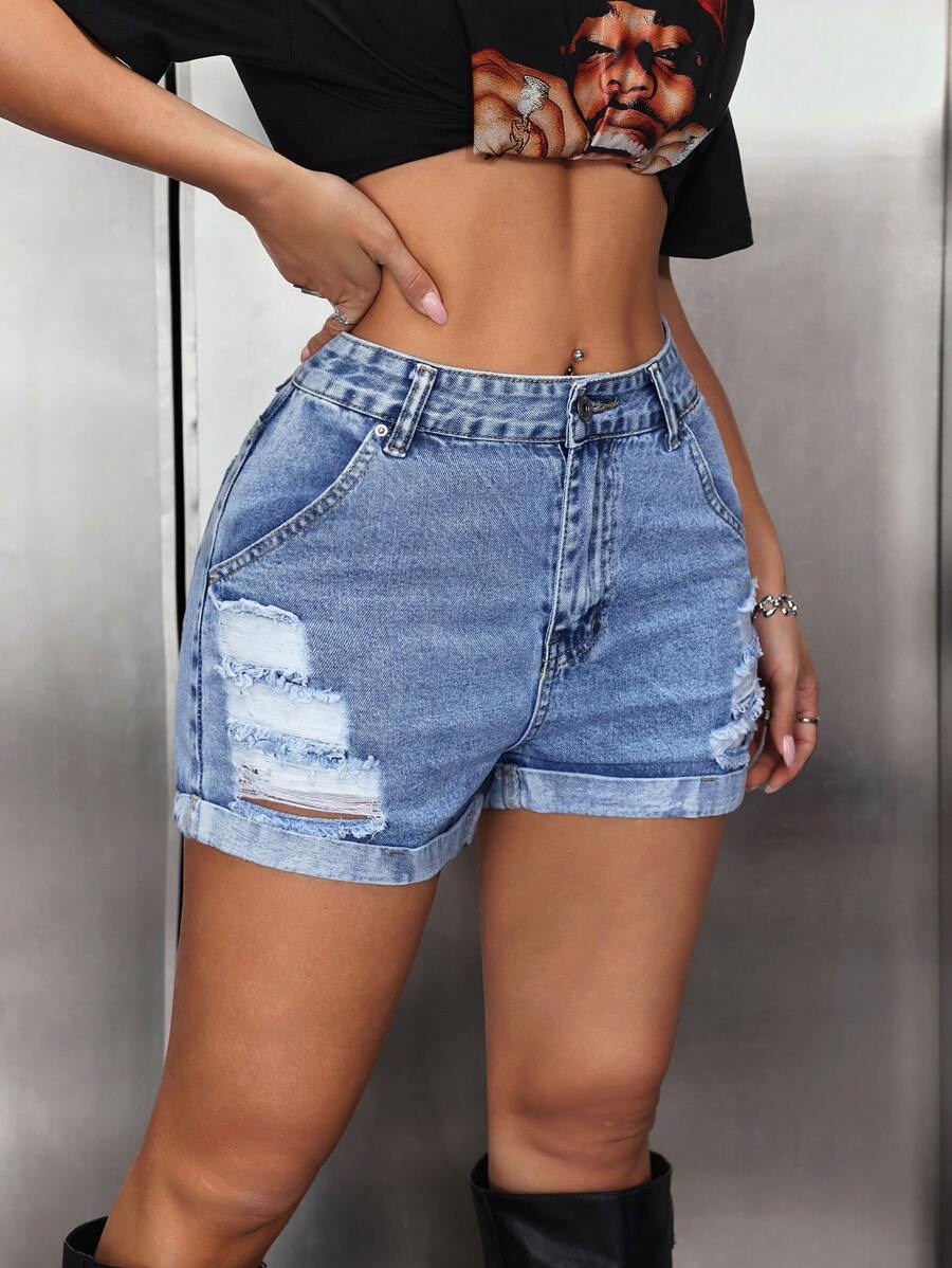 SHEIN PETITE 女士口袋细节做旧卷边休闲牛仔短裤