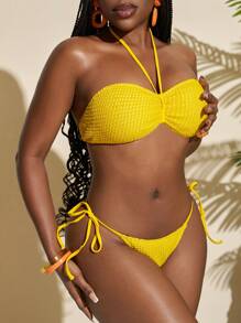 Slaydiva 3pcs/Set Women Summer Vacation Beach Swimwear With Strapless Crop Top & Tie Side Hipster Bikini Bottom & Wrap Skirt, Yellow - Yellow - View 3