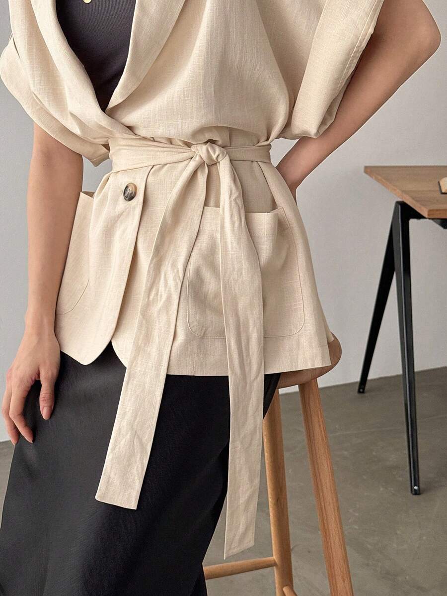 FRIFUL 女士短袖风衣，办公室休闲上衣亚麻背心女式外套