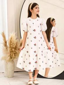 SHEIN Tween Girl Print Ruffle Sleeve Open Back Bow Design Dress, Vacation Style