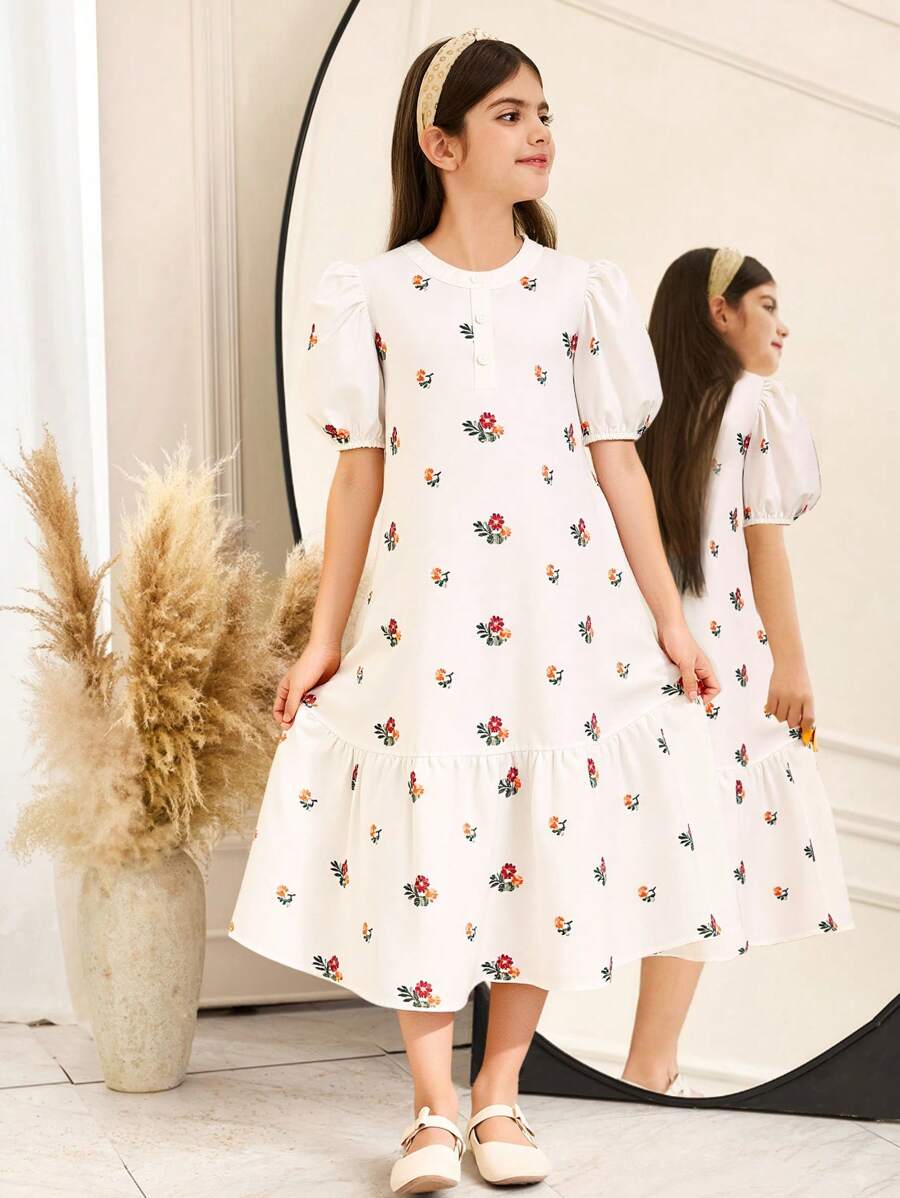 SHEIN Tween Girl Print Ruffle Sleeve Open Back Bow Design Dress, Vacation Style