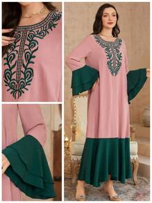 Al Najma Embroidered Long Sleeve Robe, Minimalist, Casual & Fashionable For Daily Wear Kaftan Jalabiya Dress - Pink - View 1