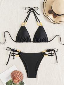 Glamine Springbreak Women's Black Halter Backless Sexy 2 Pieces Bikini Set Summer Vacation Beach Festival Boho Swimwear