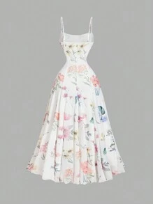 SHEIN MOD Vestido largo con estampado floral romántico para mujer, atuendo de vacaciones, ropa de verano para mujer, vestimenta occidental para mujer, atuendo campestre, ropa de playa de vacaciones, blusas de primavera, vestido bohemio para mujer