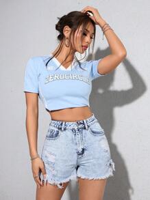 SHEIN PETITE Women Casual Washed Ripped Distressed Denim Shorts - Blue - View 1