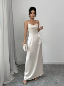 Selianne 亮片缎布拼布长款吊带裙 - 香檳色 - 查看 6