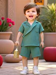 SHEIN 2pcs/Set Baby Boy Summer Casual Sage Green Kimono Style Short Sleeve Shirt & Shorts Outfit,Cute Holiday Family Matching For Birthday Party,Wedding - Multicolor - View 1
