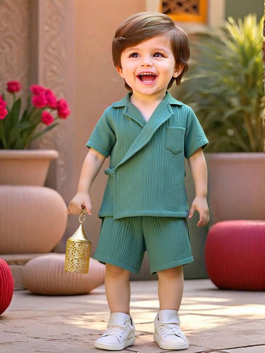 SHEIN 2pcs/Set Baby Boy Summer Casual Sage Green Kimono Style Short Sleeve Shirt & Shorts Outfit,Cute Holiday Family Matching For Birthday Party,Wedding - Multicolor - View 1