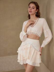 MOTF CONTRAST MESH CROP TOP & RUFFLE SKIRT - Apricot - View 3