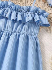 SHEIN Tween Girls' Casual Woven Ruffle Off Shoulder Adjustable Simple Dress, Spring/Summer - Baby Blue - View 4