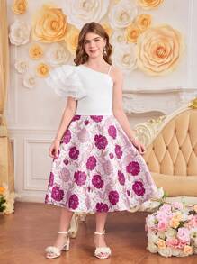 SHEIN Conjunto de top de punto con tirantes acanalados y falda jacquard floral elegante para niñas preadolescentes, perfecto para primavera/verano, vacaciones, verano y viajes - Rosa - Ver 4