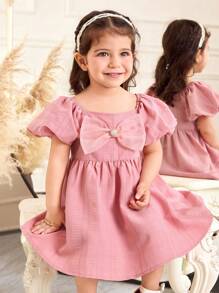 SHEIN Vestido casual y elegante para bebé niña con mangas farol, estampado floral de jacquard de organza y decoración de gran lazo - Rosa vieja - Ver 4