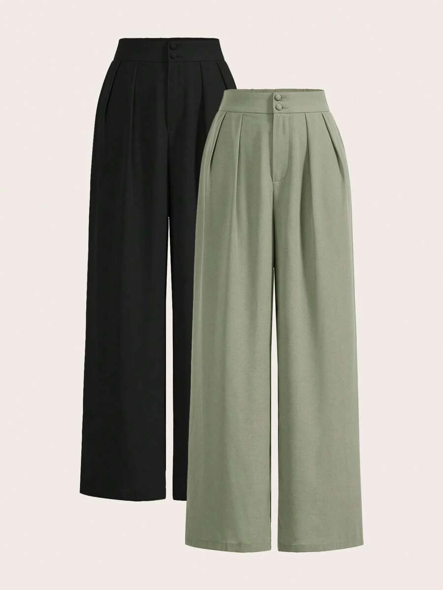 Poéselle Summer High-Waisted Pants Multi-Piece Set, Wide Leg Pants High Waist Fold Pleated Wide Leg Pants, Pants, Loose Fit, Long Pants - Mint Green - View 1