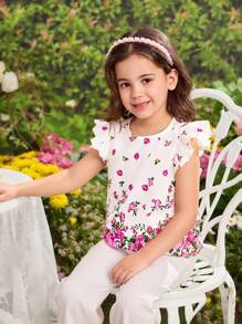 Young Girl Chiffon Ditsy Floral Casual Cap Sleeve Blouse - White - View 5