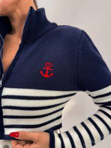 EURMUSE Women Stripe Pattern Anchor Embroidery Zipper Cardigan - Multicolor - View 5