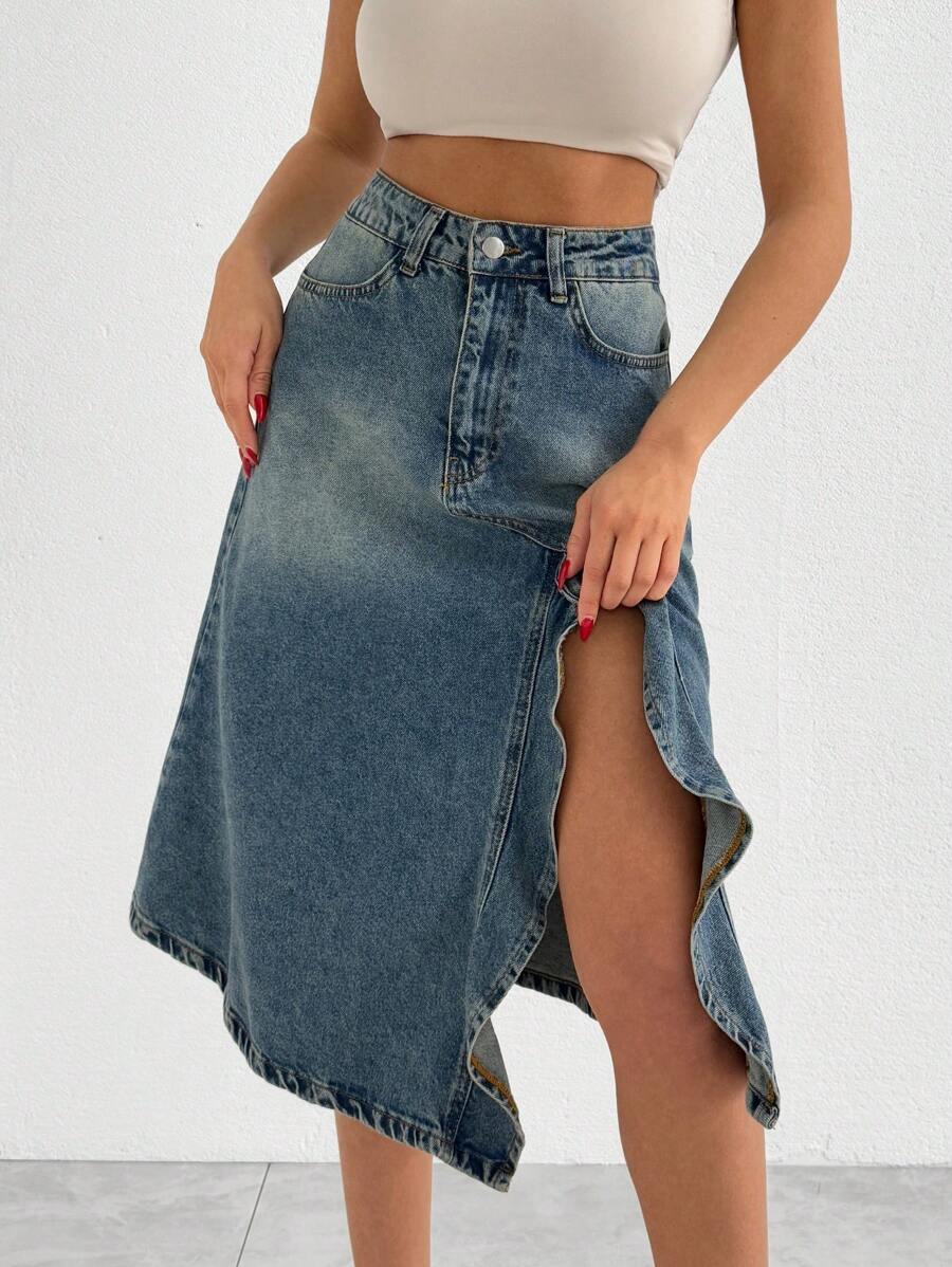 SHEIN Cottnline WOMAN HIGH RISE MIDI RUFFLE SPLIT HEM DENIM SKIRT - Medium Wash - View 1