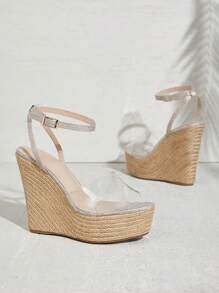 SHUZIA 女士简约踝带坡跟凉鞋，厚底高跟 - 金色 - 查看 2