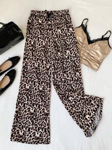 Comfortcana Women Summer Casual Leopard Print Drawstring Waist Straight Leg Pants