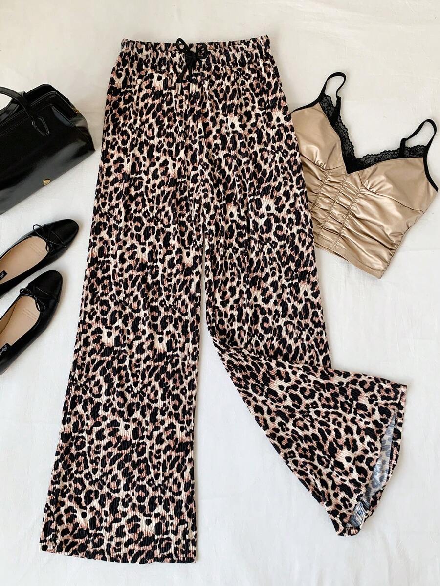 Comfortcana Women Summer Casual Leopard Print Drawstring Waist Straight Leg Pants