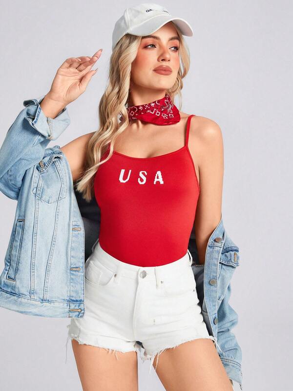 Wildy Western Spring Break Tops USA Letter Print Red Cropped Camisole Top For Women