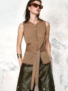 SHEIN LUNE 现代办公室女士闪光针织无袖上衣，女式，春夏 - 卡其色 - 查看 8