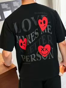 SHEIN 2 bucăți Adolescenți Băieți Ziua Îndrăgostiților Ocazional, Confortabil, La modă, Versatil, Drăguț, Set moale, inclusiv tricou și pantaloni scurți cu mânecă scurtă cu imprimeu inimă și litere, potrivit pentru purtarea zilnică, școală, călătorii, petreceri, festivaluri - Negru - Vizualizare 1