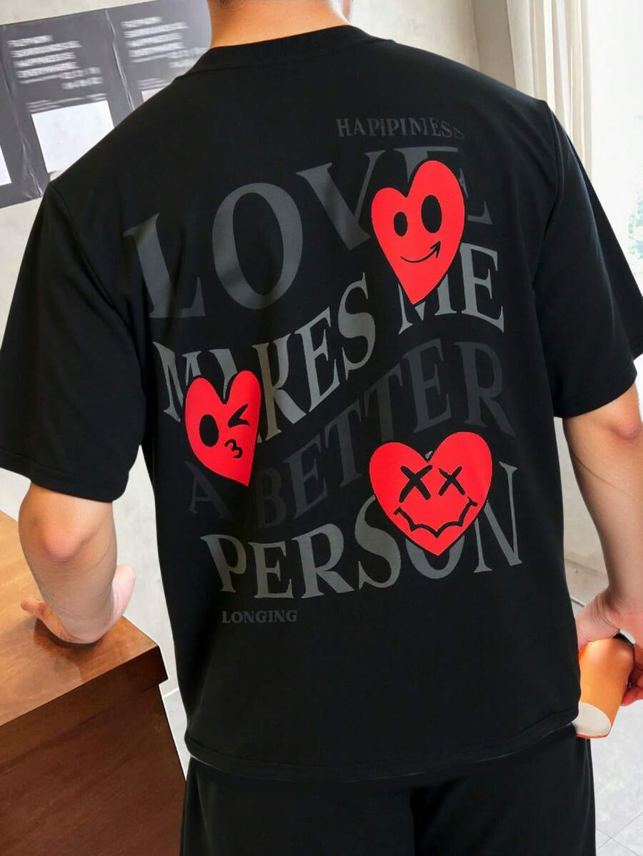 SHEIN 2 bucăți Adolescenți Băieți Ziua Îndrăgostiților Ocazional, Confortabil, La modă, Versatil, Drăguț, Set moale, inclusiv tricou și pantaloni scurți cu mânecă scurtă cu imprimeu inimă și litere, potrivit pentru purtarea zilnică, școală, călătorii, petreceri, festivaluri - Negru - Vizualizare 1