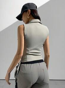 SHEIN Unity 女士休闲侧褶工装口袋无袖衬衫 - 綠色 - 查看 2