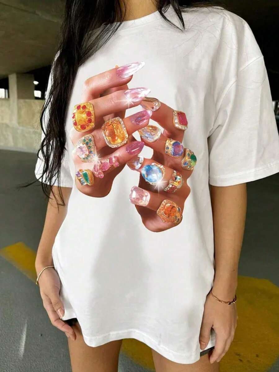 INAWLY Solva Anillo de dedo de mujer con gema colorida en estilo minimalista casual, Camiseta gráfica de cuello redondo holgada y de hombros caídos de mujer