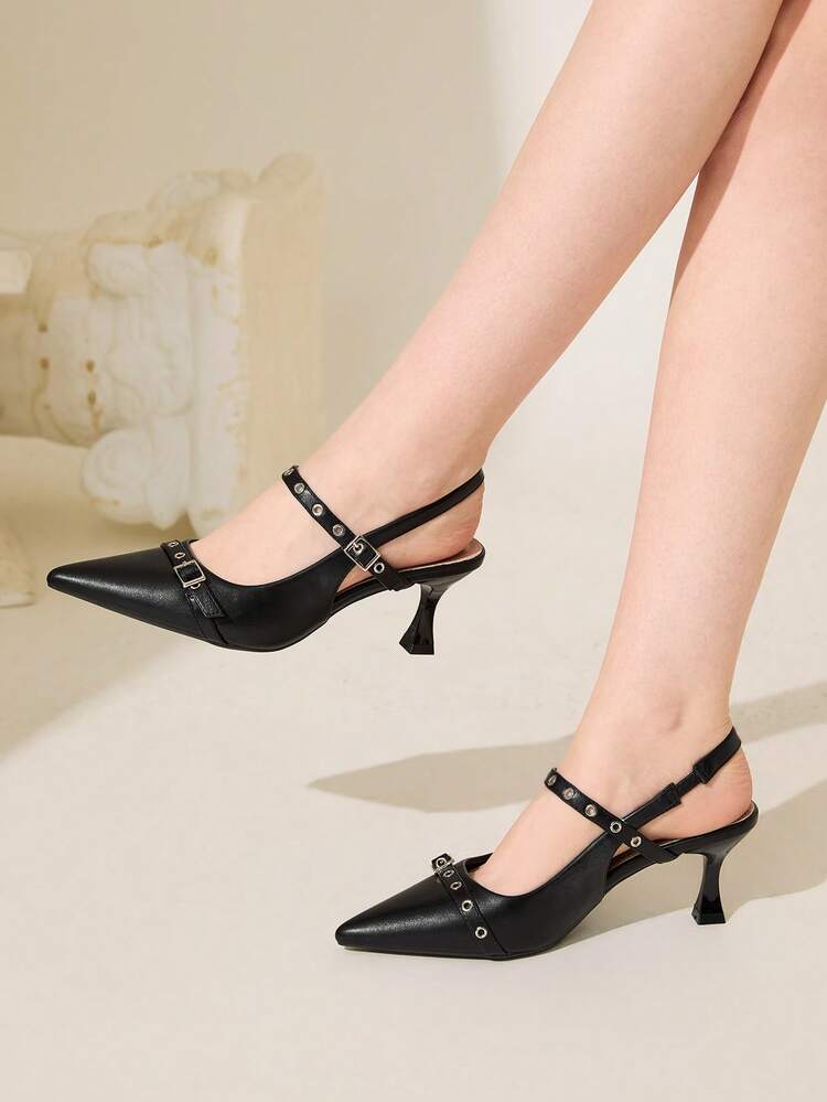 CUCCOO CHICEST Black Metal Buckle Pointed Toe Stiletto High Heel Pumps, Sexy Elegant Casual Vacation Party Date Night Dress Shoes Spring Shoes Spring Break Easter Prom Heels